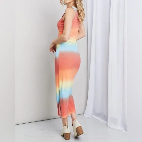 SALE!! Zenana Rainbow Gradient Sleeveless Side Slit Bodycon Maxi Tank Dress - Picture 3 of 6